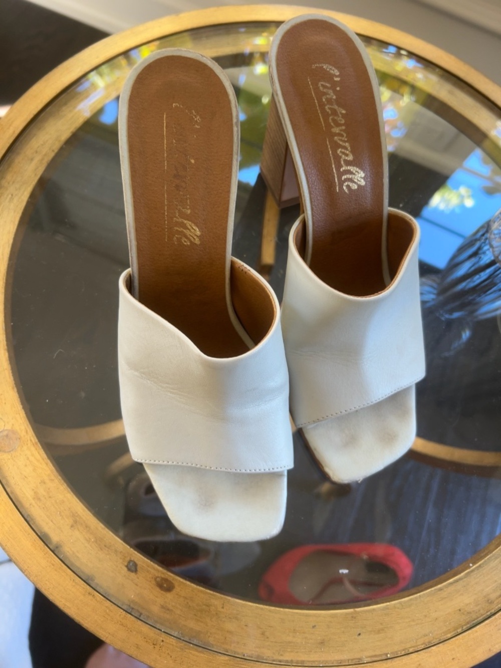 'INTERVALLE White Leather Square-Toe Block Heel Mules – EU 39